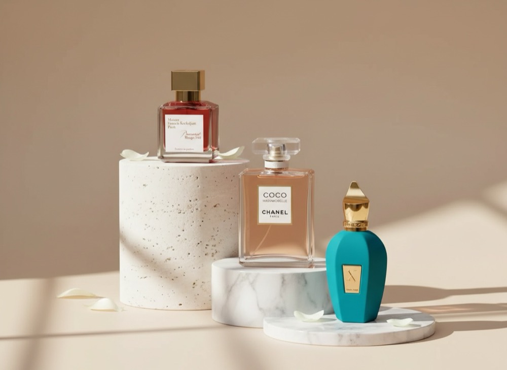 Baccarat Rouge 540, Chanel Coco Mademoiselle ve Xerjoff şişeleri